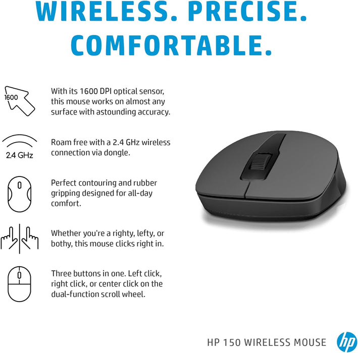HP 150 Wireless Optical USB Mouse Ergonomic ambidextrous Design, 1600 DPI 2S9L1AA