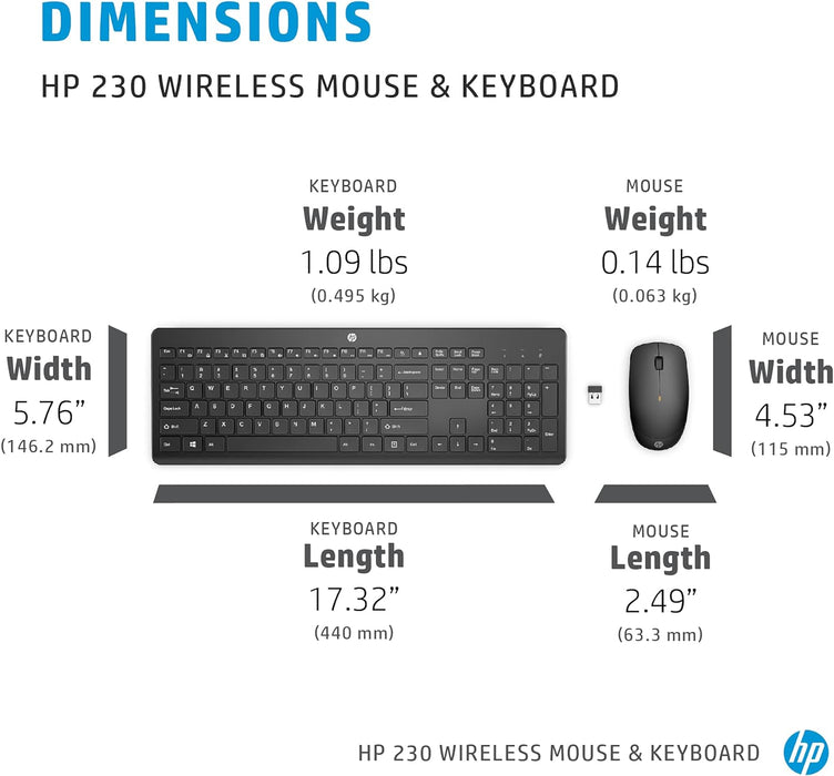 HP 230 Keyboard & Mouse USB Type A Wireless 2.40 GHz Keyboard USB Type A Wireless Mouse Optical 3 Button Scroll Wheel Compatible with All-in-One PC for PC 18H24AA
