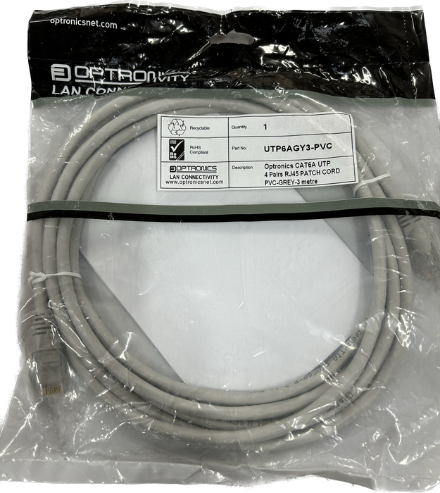 OPTRONICS CAT6A UTP CABLE 4 PAIRS RJ45 PATCH CORD PVC-GREY-3 METRE